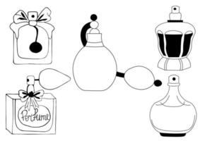 conjunto de diferentes botellas de perfume al estilo de garabatos, dibujadas a mano con tinta sobre un fondo blanco. cosméticos, perfumes, moda. vector