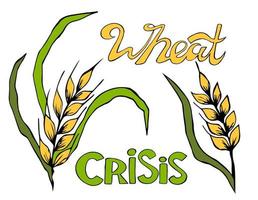 Set ears of wheat, barley with leaves. crisis and crop failure. Global food inflation and hunger. The problem of food insecurity in the world. Price growth for wheat seeds on the chart. vector