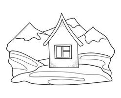 Village house on hill and mountains landscape. Building in cartoon style. Line art drawing. Hand drawn vector illustration isolated on white background.