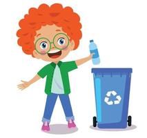 cute boy throwing trash in recycle bin vector