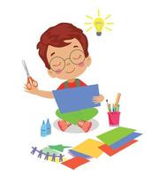 cute boy painting and cutting colorful craft papers vector