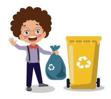 cute boy throwing trash in recycle bin vector