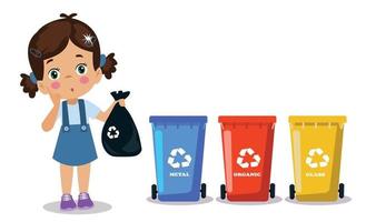 cute boy throwing trash in recycle bin vector