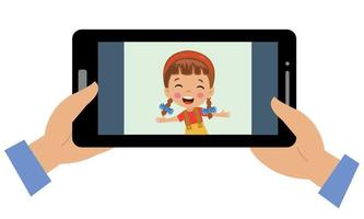 video conferencia. lindo niño usando tableta para videollamada con un amigo. los niños sonríen felizmente usando la tecnología de Internet para hablar. cara de niña en la pantalla. ilustración de dibujos animados de vector para llamada