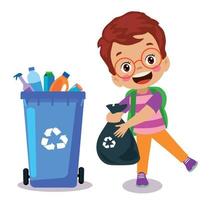 cute boy throwing trash in recycle bin vector