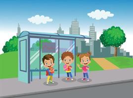 Happy Students Waiting For The Bus At The Bus Stop To Go To School vector