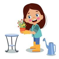 cute boy planting and watering flowers vector