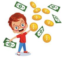 lindo niño feliz sosteniendo dinero vector