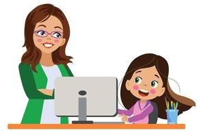 cute girl and mother working with his computer at the table vector