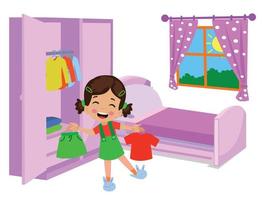 cute boy choosing clothes from the wardrobe in his room vector