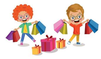 Cute boy is putting shopping bags in the shopping cart. Cute cartoon style drawing vector