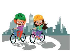 cute boys and girls riding bikes vector