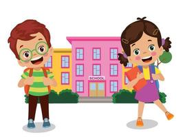 cute happy little kids going to school with school bags on their backs vector