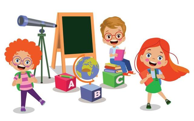 cute students with telescope on letter cubes in classroom