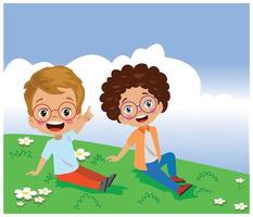 cute kids sitting in greenery vector