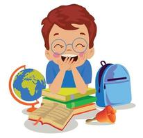 cute boy world map with books and school bell vector