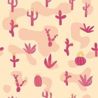 Seamless patterns with different cacti. Bright repeating texture with pink cacti. Background with desert plants. vector