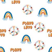 Love heart, peace symbol, rainbow retro 70s seamless pattern. Scattered heart shapes on a swirling background. vector