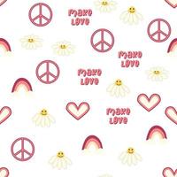 Love heart, peace symbol, rainbow retro 70s seamless pattern. Scattered heart shapes on a swirling background. vector