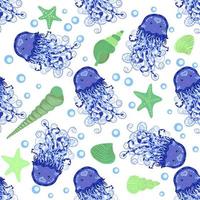 Seamless pattern with detailed transparent jellyfish. Childish seamless pattern with cute hand drawn fishes and jellyfishes in doodle style. Trendy nursery background vector