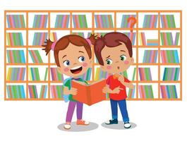 library books and cute kids vector
