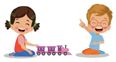 cute kids playing with toy train vector