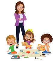 cute kids painting in class and teacher vector