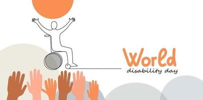 Person in wheelchair. World Disability day vector doodle banner. Continuous line drawing illustration for social media.