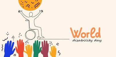 Person in wheelchair. World Disability day vector doodle banner. Continuous line drawing illustration for social media.