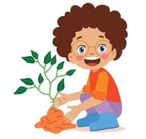 cute little happy boy planting a sapling vector