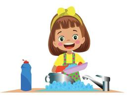 cute boy and girl washing the accumulated dishes vector