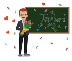 Happy teacher's day poster background concept. Pretty Woman Teacher explaining gesture with beautiful flower ornament and love heart frame vector