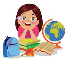 cute boy world map with books and school bell vector