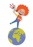 cute boy on world map with megaphone in hand vector