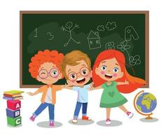 cute happy friends hugging students in front of classroom lesson board at school vector