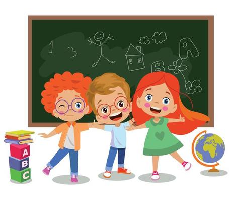 cute happy friends hugging students in front of classroom lesson board at school