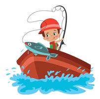 cute boy fishing on boat vector