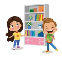 cute happy friends in front of bookshelf vector