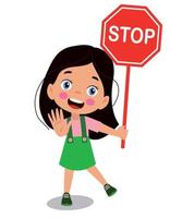 cute boy making stop gesture with traffic sign stop sign vector