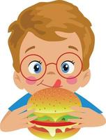 lindo niño feliz comiendo hamburguesa vector