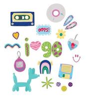 A colorful set of y2k trendy retro stickers style of the 90s.Hipster fashion. vector