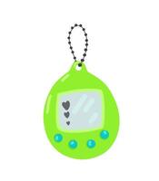 Tamagotchi toy illustration. Vintage digital pocket pet game icon. Japanese classic green Tamagotchi with screen display, chain and buttons. vector