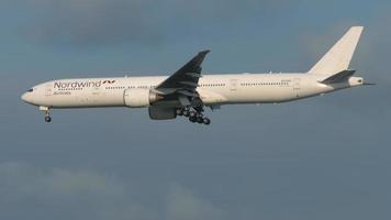 SOCHI, RUSSIA JULY 31, 2022 - Boeing 777 2Q8ER, RA 73347 of Nordwind Airlines landing at Sochi airport. Tourism and travel concept video