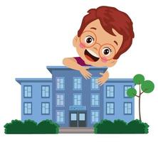 cute happy student and school building vector