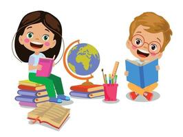 cute happy kids reading book vector