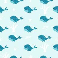 Blue whale with coral in the sea Cute cartoon background seamless pattern The design used for Textile, Clothing Pattern, Print, Wallpaper, Vector Illustration