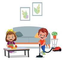 cute boy sweeping house with vacuum cleaner vector