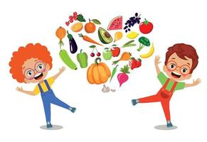 niños lindos comiendo frutas variadas vector