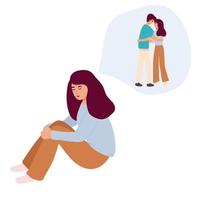 the girl remembers relationships and love with a man, separation longing for love. flat vector illustration. Relationship and healthcare concept for banner, website design or landing web page,