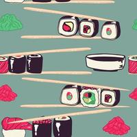 patrón de sushi sin costuras vectoriales iconos aislados de sushi en patrón sin costuras, ilustración vectorial. diseño de papel de regalo para paquetes de entrega de comida de restaurante japonés. vector